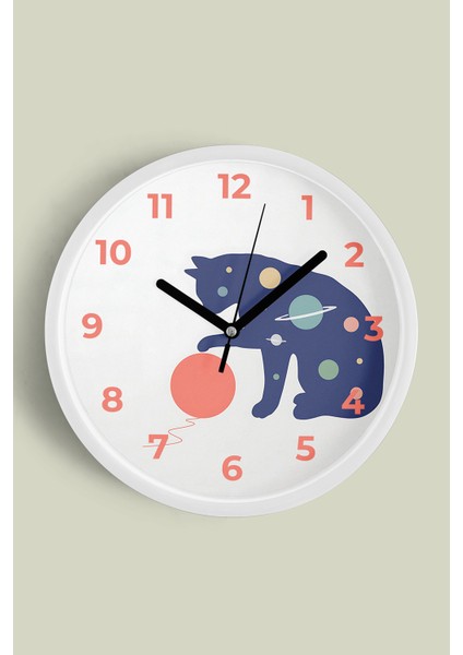 Kedi Tasarım Modern Duvar Saati - 30CM - Önü Camlı Beyaz Kasa - Sessiz Mekanizma