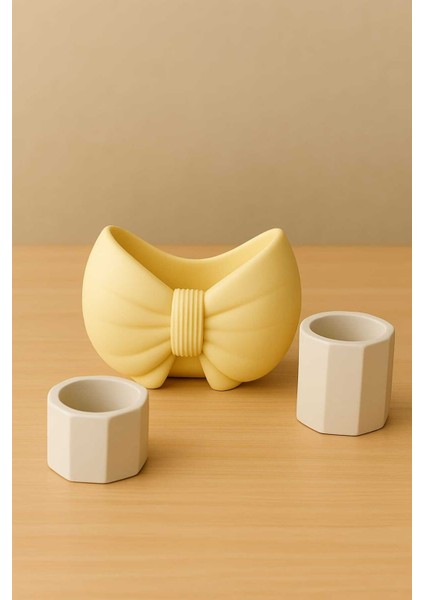 3'lü El Yapımı Dekoratif Saksı Handmade Taş Tozu Fiyonk Tasarım Mumluk Kalemlik Sukulent Obje 8cm