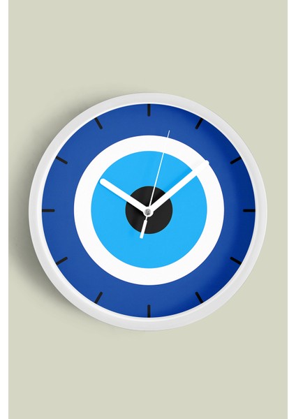 Nazar Boncuğu Modern Duvar Saati - 30CM - Önü Camlı Beyaz Kasa - Sessiz Mekanizma