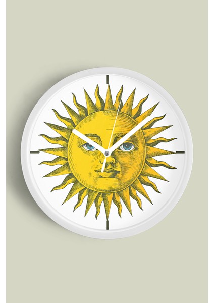 Güneş Figürlü Retro Tarz Modern Duvar Saati - 30CM - Önü Camlı Beyaz Kasa - Sessiz Mekanizma