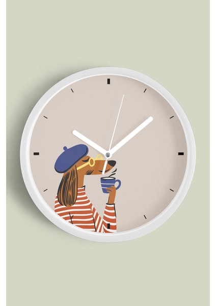 Kahve Içen Fransız Tarzı Köpek Illüstrasyonu Modern Duvar Saati - 30CM - Önü Camlı Beyaz Kasa