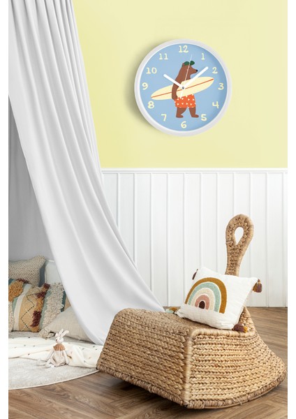 Sorfçü Ayı Çocuk Odası Duvar Saati - 30CM - Önü Camlı Beyaz Kasa - Sessiz Mekanizma fiyatları