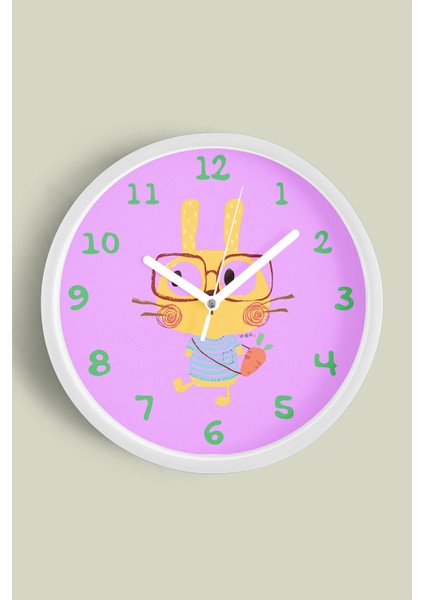 Sevimli Gözlüklü Tavşan Çocuk Odası Duvar Saati - 30CM - Önü Camlı Beyaz Kasa - Sessiz Mekanizma
