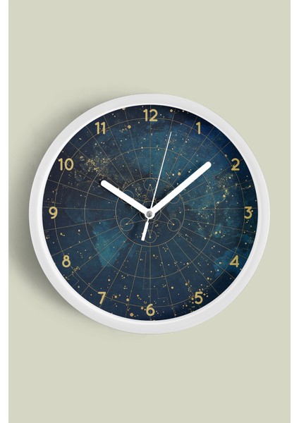 Kozmik Harita Yıldızlı Gece Saat Modern Duvar Saati - 30CM - Önü Camlı Beyaz Kasa - Sessiz Mekanizma