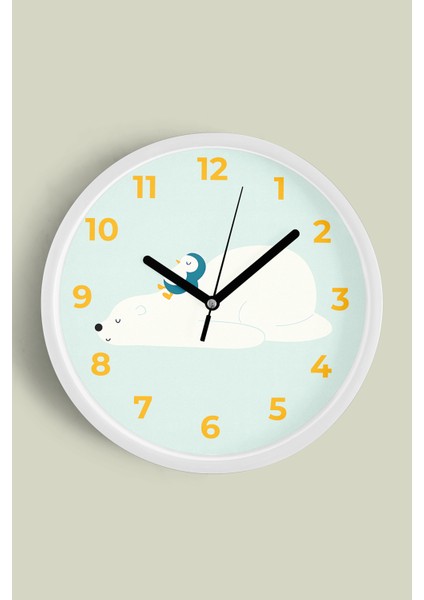 Sevimli Penguen Ile Ayı Tasarımı Çocuk Odası Duvar Saati - 30CM - Önü Camlı Beyaz Kasa