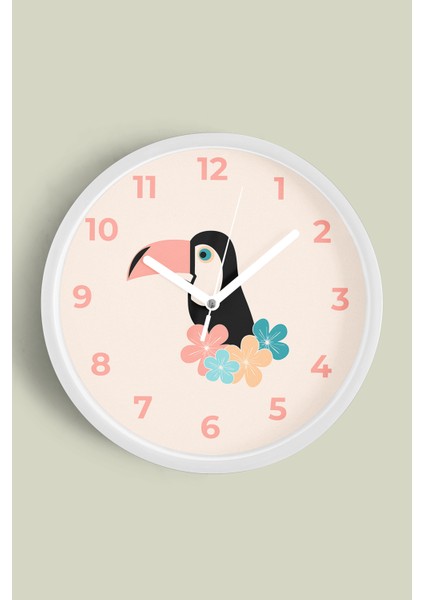 Tropikal Tukan Kuşu Çocuk Odası Duvar Saati - 30CM - Önü Camlı Beyaz Kasa - Sessiz Mekanizma