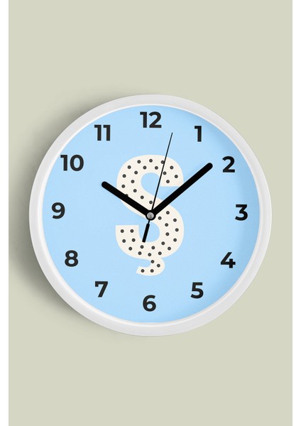 Ş Harfi Erkek Odası Duvar Saati - 30CM - Önü Camlı Beyaz Kasa - Sessiz Mekanizma