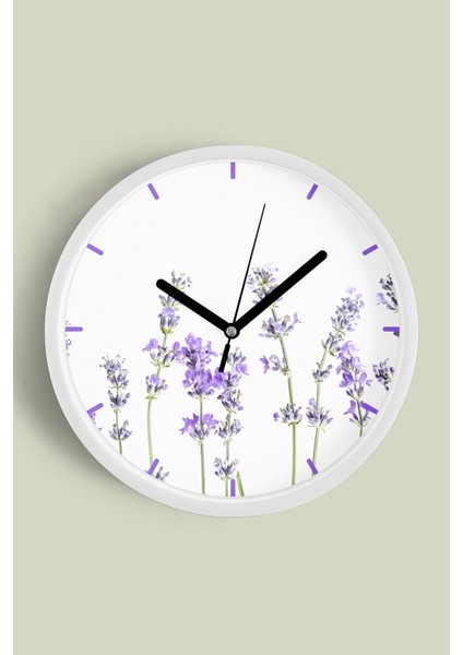 Lavanta Çiçek Modern Duvar Saati - 30CM - Önü Camlı Beyaz Kasa - Sessiz Mekanizma