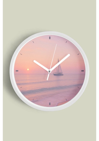 Soyut - Bohem - Doğa - Deniz Manzaralı Modern Duvar Saati - 30CM - Önü Camlı Beyaz Kasa
