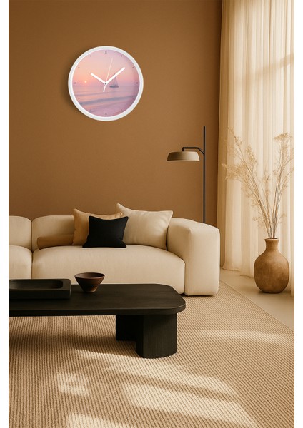Soyut - Bohem - Doğa - Deniz Manzaralı Modern Duvar Saati - 30CM - Önü Camlı Beyaz Kasa fiyatları