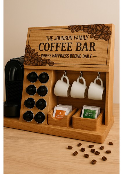 Kahve Barı Ahşap Tezgah Üstü Organizer | Kapsül Standı, Kupa Askısı, Kahve Köşesi Dekoru