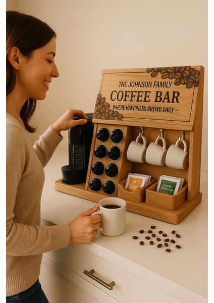 Kahve Barı Ahşap Tezgah Üstü Organizer | Kapsül Standı, Kupa Askısı, Kahve Köşesi Dekoru fiyatları