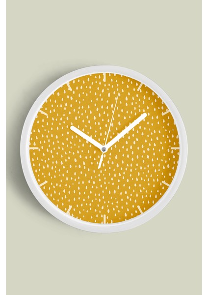 Hardal Boya Damlaları Modern Duvar Saati - 30CM - Önü Camlı Beyaz Kasa - Sessiz Mekanizma