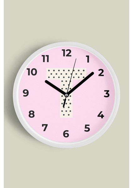 T Harfi Kız Odası Duvar Saati - 30CM - Önü Camlı Beyaz Kasa - Sessiz Mekanizma