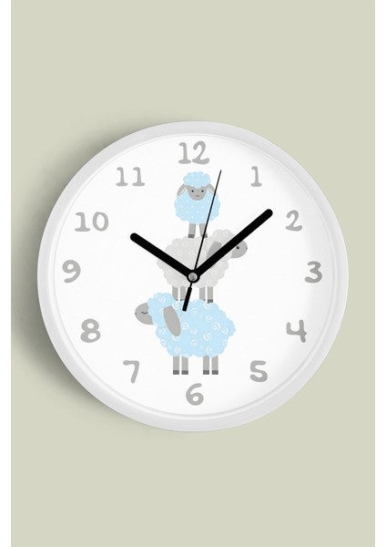 Sevimli Kuzular Çocuk Odası Duvar Saati - 30CM - Önü Camlı Beyaz Kasa - Sessiz Mekanizma