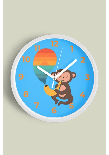 Saksafon Çalan Maymun Çocuk Odası Duvar Saati - 30CM - Önü Camlı Beyaz Kasa - Sessiz Mekanizma