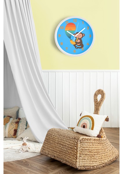Saksafon Çalan Maymun Çocuk Odası Duvar Saati - 30CM - Önü Camlı Beyaz Kasa - Sessiz Mekanizma fiyatları