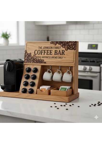Kahve Barı Ahşap Tezgah Üstü Organizer | Kapsül Standı, Kupa Askısı, Kahve Köşesi Dekoru modelleri