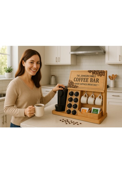 Kahve Barı Ahşap Tezgah Üstü Organizer | Kapsül Standı, Kupa Askısı, Kahve Köşesi Dekoru fırsatları
