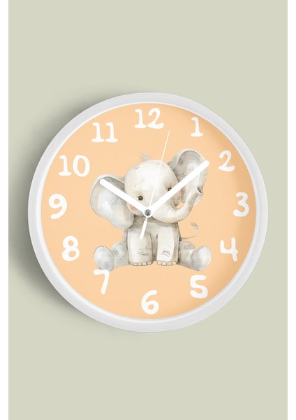 Sevimli Fil Temalı Çocuk Odası Modern Duvar Saati - 30CM - Önü Camlı Beyaz Kasa - Sessiz Mekanizma