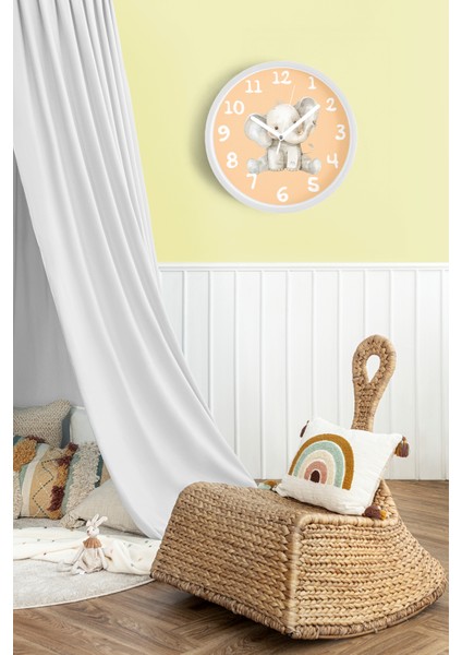 Sevimli Fil Temalı Çocuk Odası Modern Duvar Saati - 30CM - Önü Camlı Beyaz Kasa - Sessiz Mekanizma fiyatları