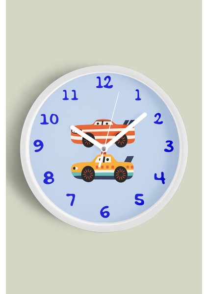 Araba Tasarımlı Çocuk Odası Duvar Saati - 30CM - Önü Camlı Beyaz Kasa - Sessiz Mekanizma
