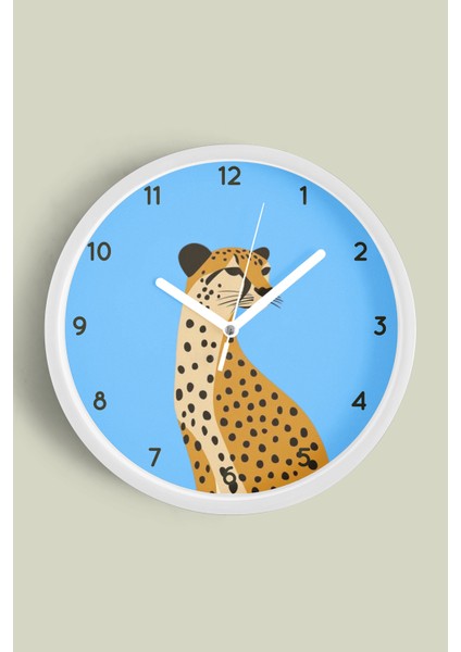 Asil Leopar Modern Duvar Saati - Çocuk Odası Duvar Saati - 30CM - Önü Camlı Beyaz Kasa
