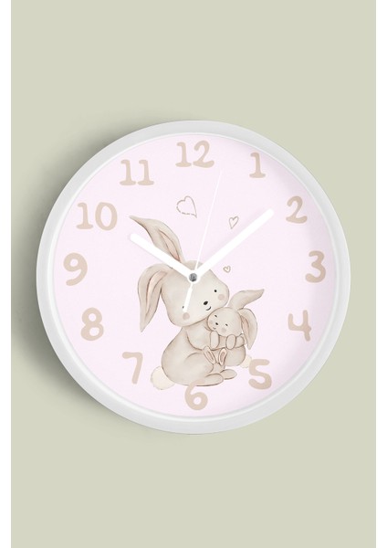 Sevimli Tavşan Temalı Çocuk Odası Modern Duvar Saati - 30CM - Önü Camlı Beyaz Kasa