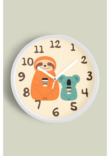 Sevimli Koala Temalı Çocuk Odası Modern Duvar Saati - 30CM - Önü Camlı Beyaz Kasa - Sessiz Mekanizma