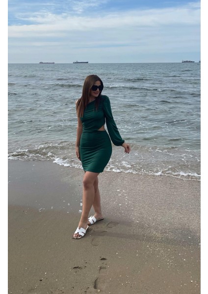 Kadın Yeşil Uzun Kollu Tek Omuzu Açık Yan Detay Dekolte Elbise