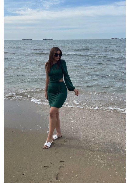 Kadın Yeşil Uzun Kollu Tek Omuzu Açık Yan Detay Dekolte Elbise