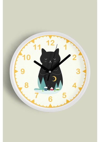 Sevimli Kedi Temalı Modern Duvar Saati - 30CM - Önü Camlı Beyaz Kasa - Sessiz Mekanizma