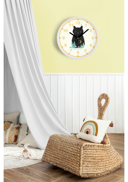 Sevimli Kedi Temalı Modern Duvar Saati - 30CM - Önü Camlı Beyaz Kasa - Sessiz Mekanizma fiyatları