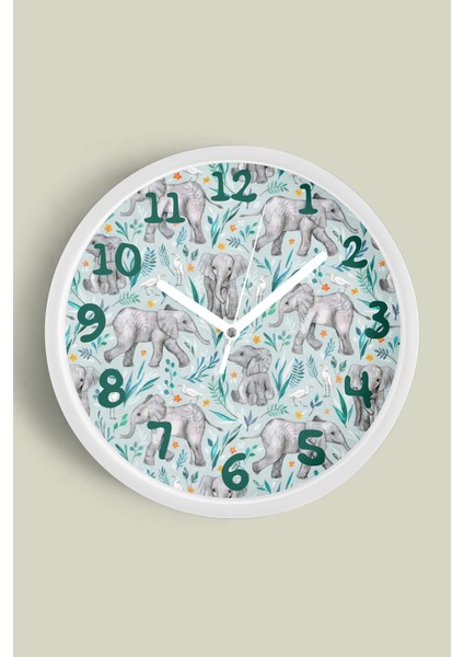 Sevimli Fil Temalı Çocuk Odası Modern Duvar Saati - 30CM - Önü Camlı Beyaz Kasa - Sessiz Mekanizma
