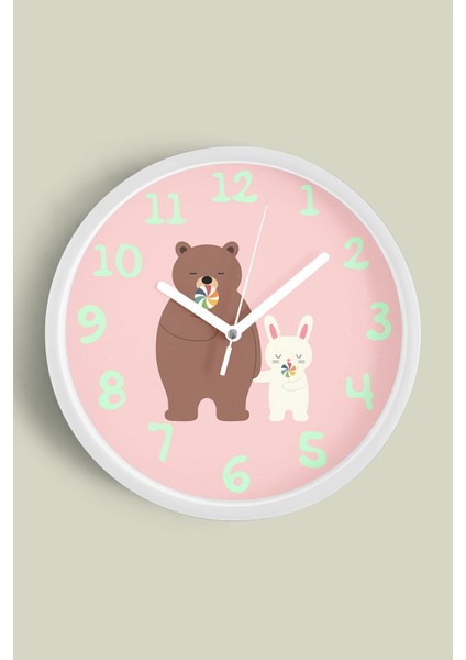 Sevimli Tavşan ve Ayı Çocuk Odası Modern Duvar Saati - 30CM - Önü Camlı Beyaz Kasa