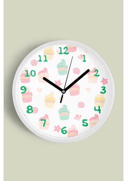Cupcake Desenli Mutfak Duvar Saati - 30CM - Önü Camlı Beyaz Kasa - Sessiz Mekanizma