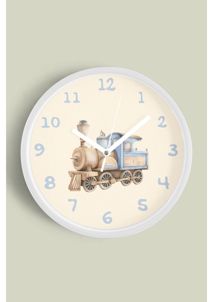 Tren Tasarımı Çocuk Odası Duvar Saati - 30CM - Önü Camlı Beyaz Kasa - Sessiz Mekanizma