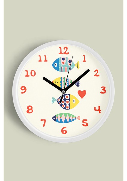 Renkli Balıklar Çocuk Odası Duvar Saati - 30CM - Önü Camlı Beyaz Kasa - Sessiz Mekanizma