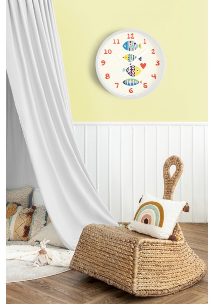 Renkli Balıklar Çocuk Odası Duvar Saati - 30CM - Önü Camlı Beyaz Kasa - Sessiz Mekanizma fiyatları