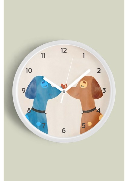 Sevimli Köpekler Modern Duvar Saati - 30CM - Önü Camlı Beyaz Kasa - Sessiz Mekanizma