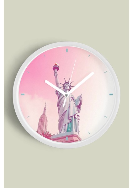 Özgürlük Heykeli Modern Duvar Saati - 30CM - Önü Camlı Beyaz Kasa - Sessiz Mekanizma