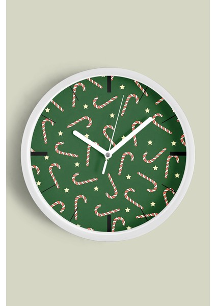 Soyut Noel Şekeri Yılbaşı Tasarım Modern Duvar Saati - 30CM - Önü Camlı Beyaz Kasa