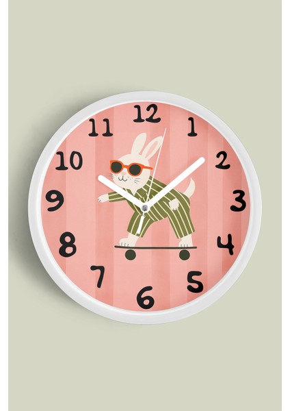 Güneş Gözlüklü Kaykay Yapan Sevimli Tavşan Çocuk Odası Modern Duvar Saati - 30CM - Önü Camlı