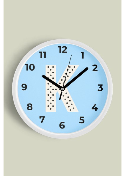K Harfi Erkek Odası Duvar Saati - 30CM - Önü Camlı Beyaz Kasa - Sessiz Mekanizma