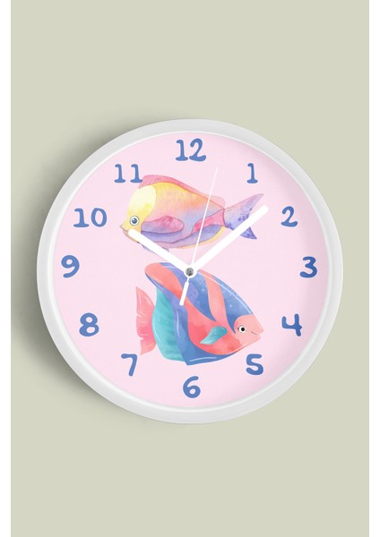 Renkli Balıklar Modern Duvar Saati - Çocuk Odası Duvar Saati - 30CM - Önü Camlı Beyaz Kasa