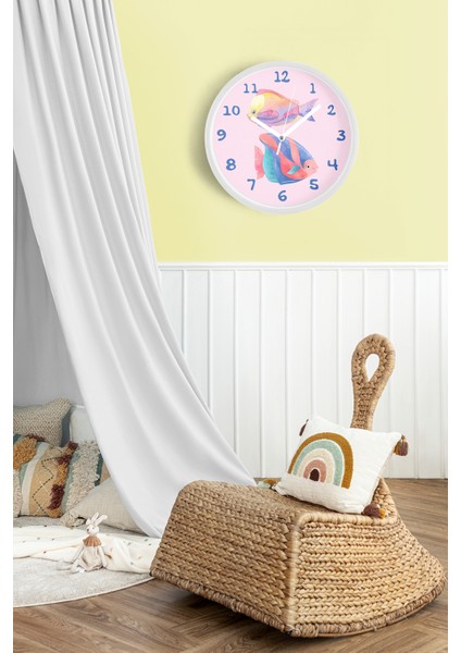 Renkli Balıklar Modern Duvar Saati - Çocuk Odası Duvar Saati - 30CM - Önü Camlı Beyaz Kasa fiyatları
