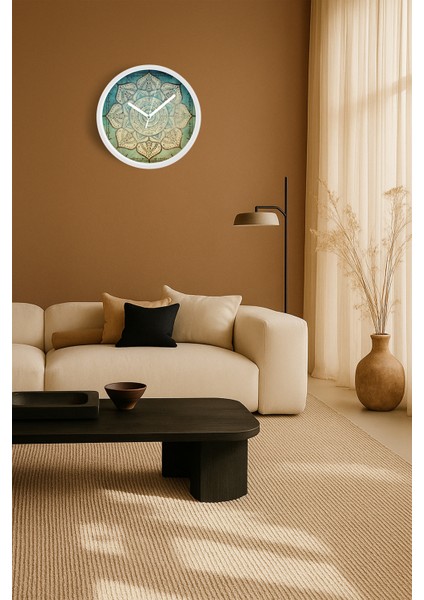 Soyut Mandala Temalı Modern Duvar Saati - 30CM - Önü Camlı Beyaz Kasa - Sessiz Mekanizma fiyatları