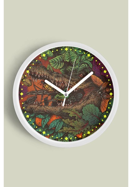 Soyut Doğa Timsah Temalı Modern Duvar Saati - 30CM - Önü Camlı Beyaz Kasa - Sessiz Mekanizma