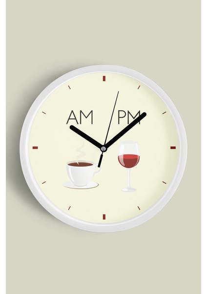 Kahve - Şarap Tasarım Modern Mutfak Duvar Saati - 30CM - Önü Camlı Beyaz Kasa - Sessiz Mekanizma