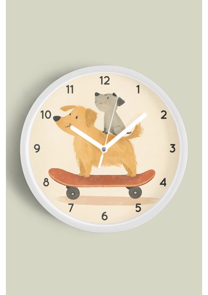 Kay Kay Yapan Sevimli Köpekler Modern Çocuk Odası Duvar Saati - 30CM - Önü Camlı Beyaz Kasa
